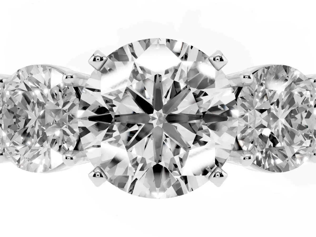 Three-Stone Round Cut Diamond Ring with Round Side Stones, Classic Band, and Four-Prong Setting White gold