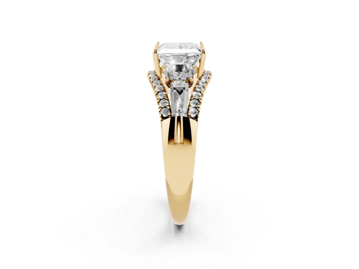 Three-Stone Princess Cut Diamond Engagement Ring with Pave Band and Prong Setting Yellow gold