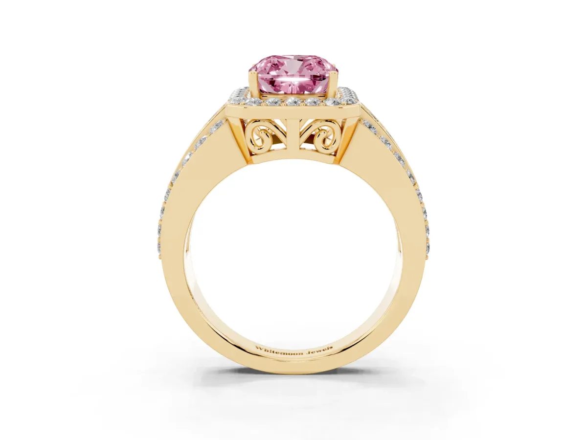 Fancy Pink Cushion Cut Halo Diamond Ring with Round Split Shank and Prong Setting Yellow gold