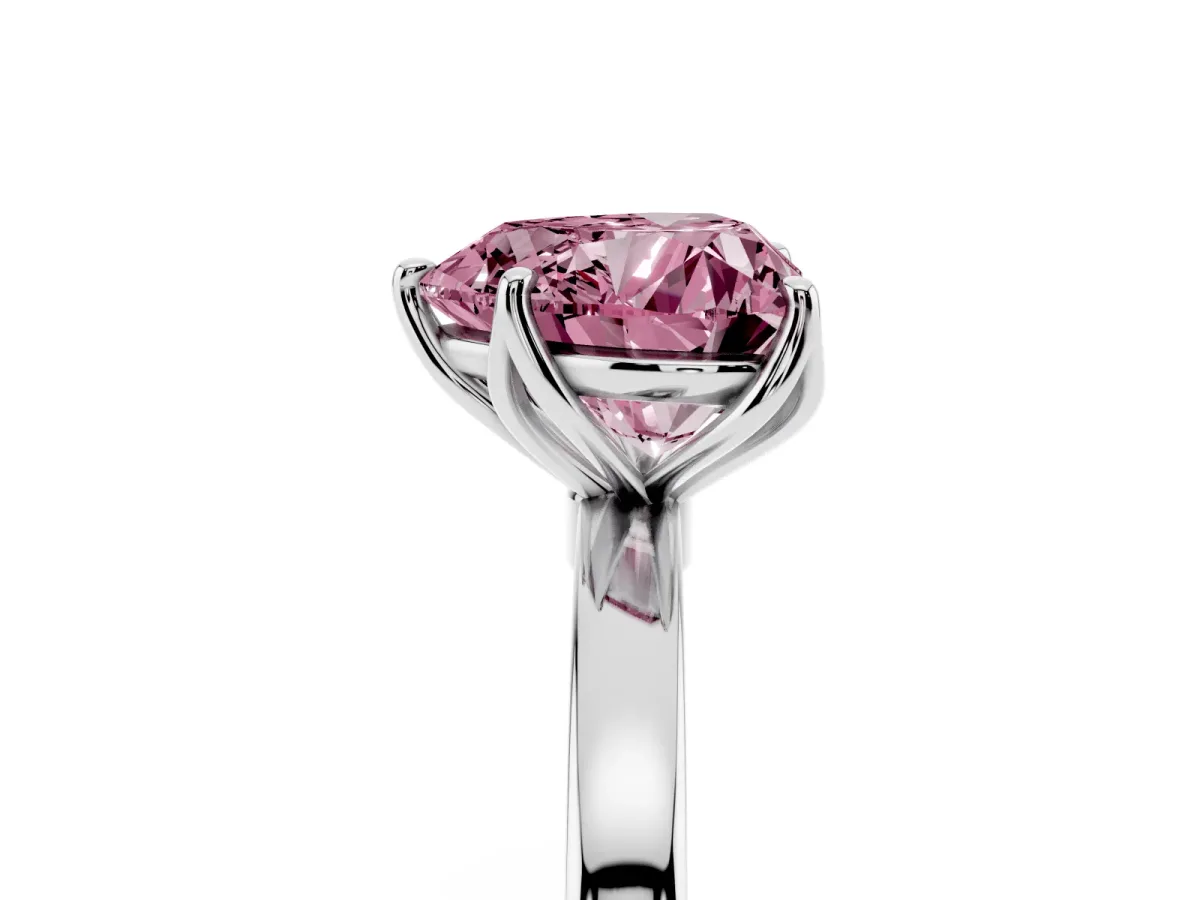Fancy Pink Heart Cut Diamond Solitaire Ring with Thin Band and Prong Setting Silver