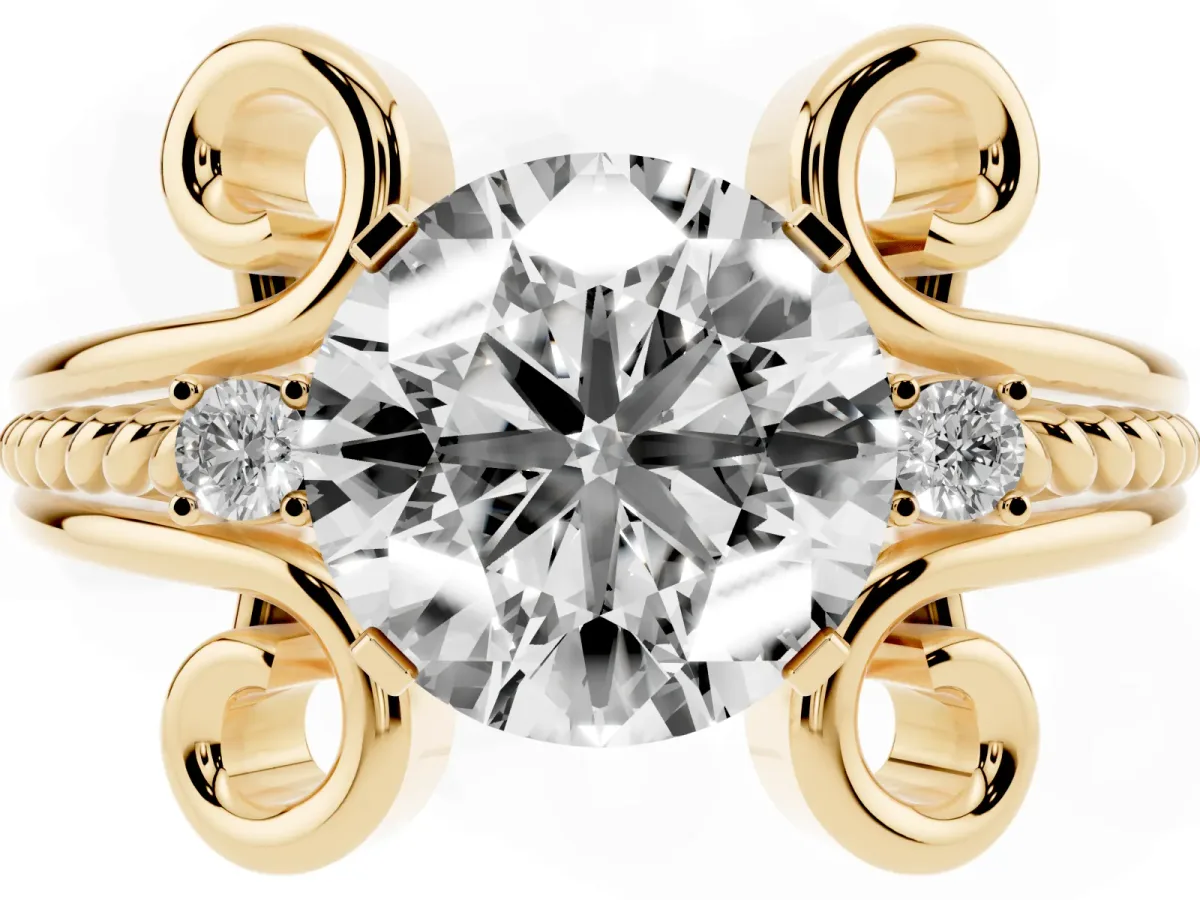 Round Cut Solitaire Twisted Band Scroll Prong Ring Yellow gold