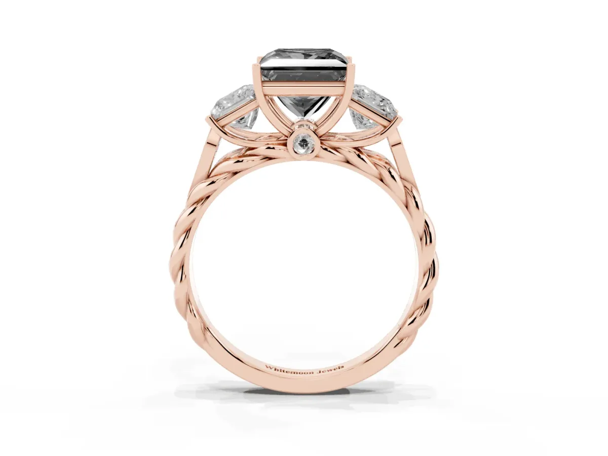 Fancy Black Three-Stone Princess Cut Diamond Braided Band Ring with Four-Prong Setting Rose gold
