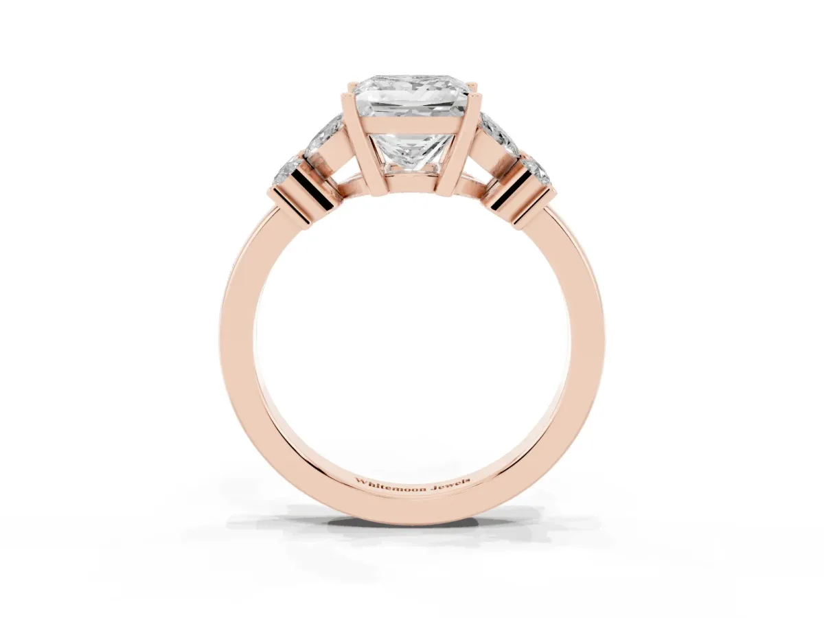 Princess Cut Diamond Floral Cluster Ring with Solitaire Band and Prong Setting Rose gold