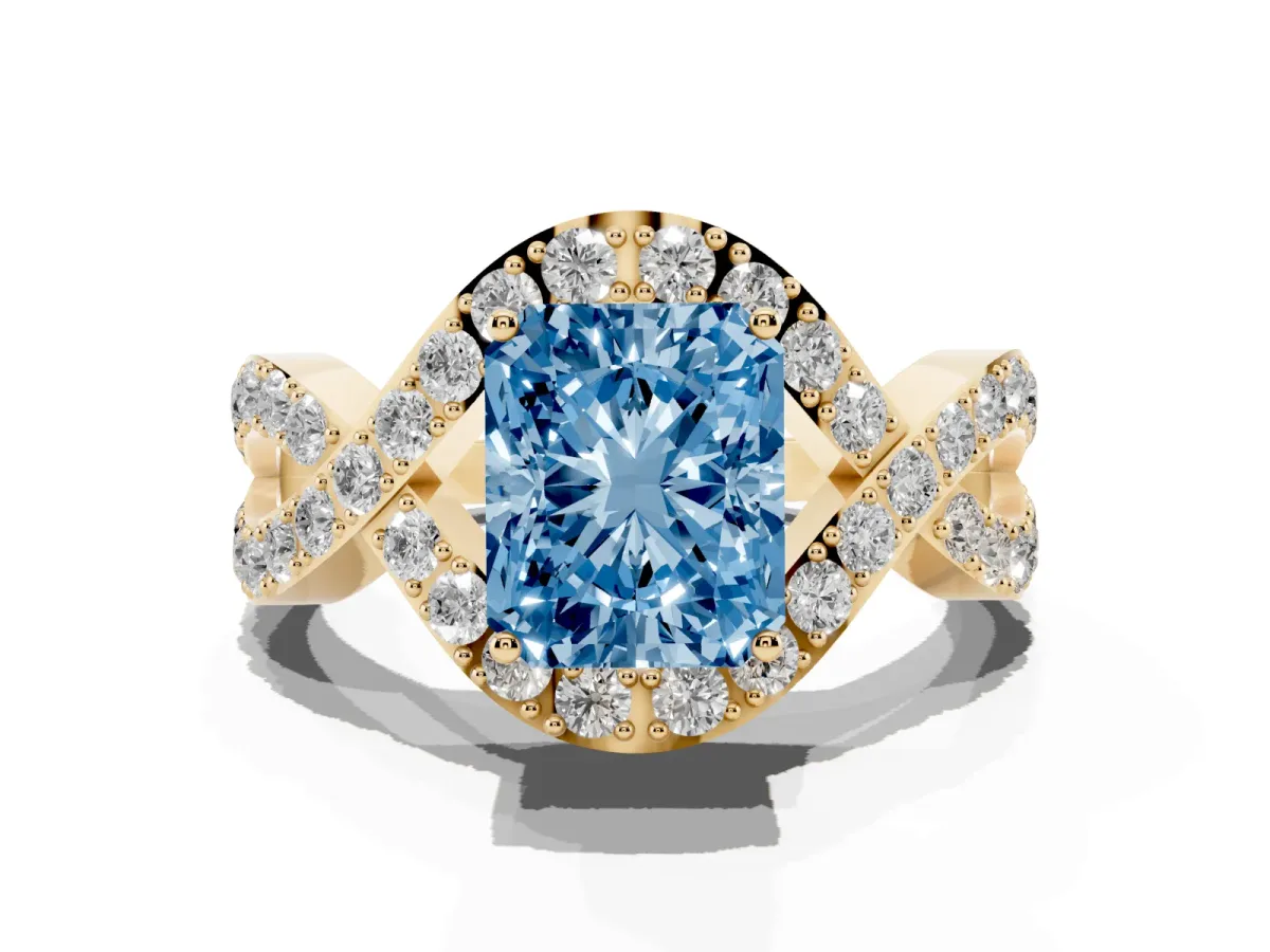 Fancy Blue Radiant Cut Solitaire Twist Band Pavé Diamond Engagement Ring Yellow gold