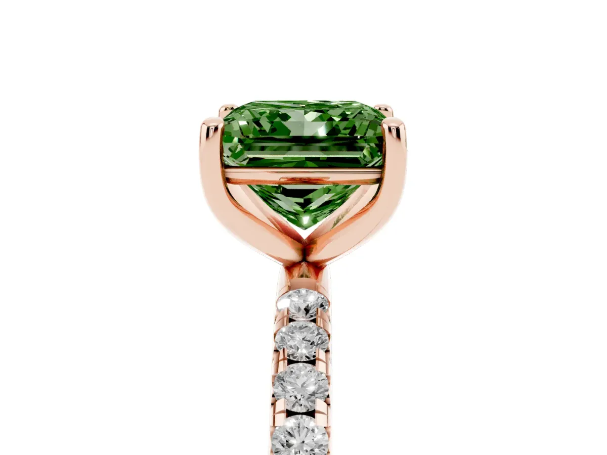Fancy Green Princess Cut Cut Diamond Solitaire Ring with Micro Pave Band and Four Prong Setting Rose gold