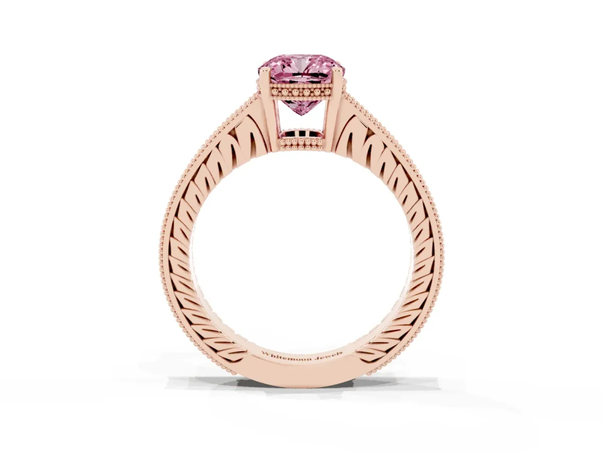 Fancy Pink Cushion Cut Solitaire Pavé Diamond Milgrain Engagement Ring with Four-Prong Setting Rose gold