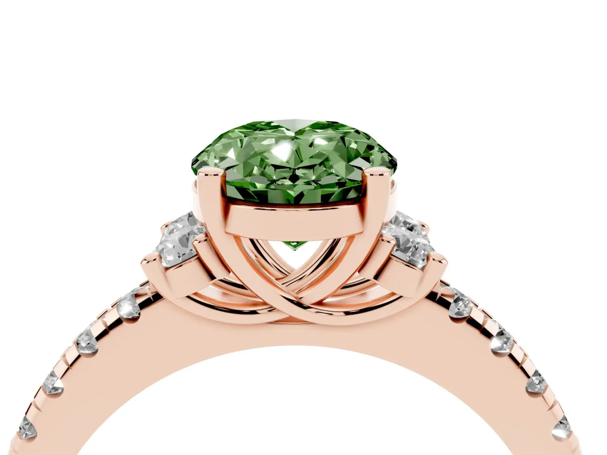 Fancy Green Oval Cut Diamond Three-Stone Pave Band with Four-Prong Setting Rose gold