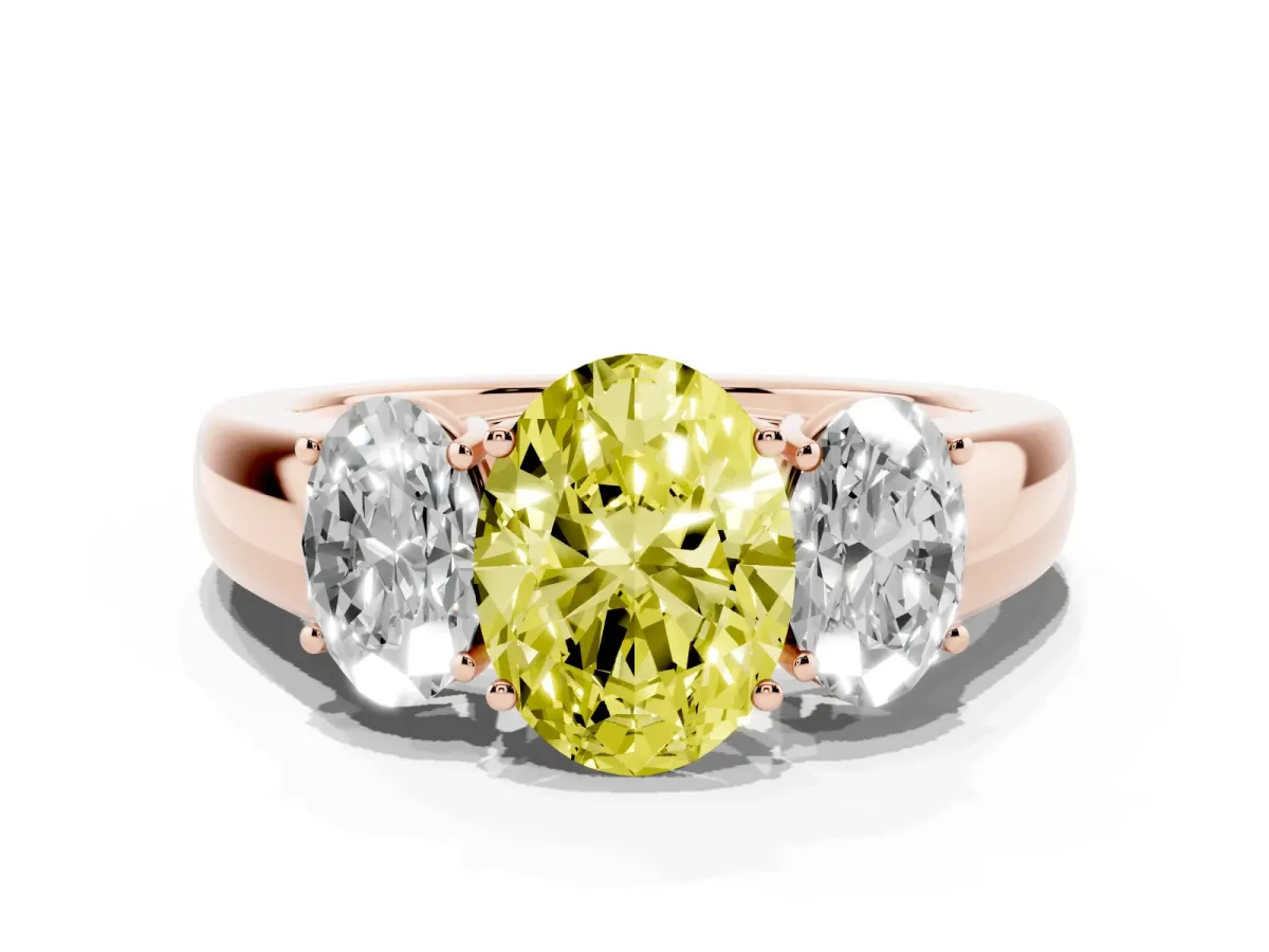 Fancy Yellow Three-Stone Oval Cut Cut Diamond Ring with Prong Setting and Classic Band Rose gold