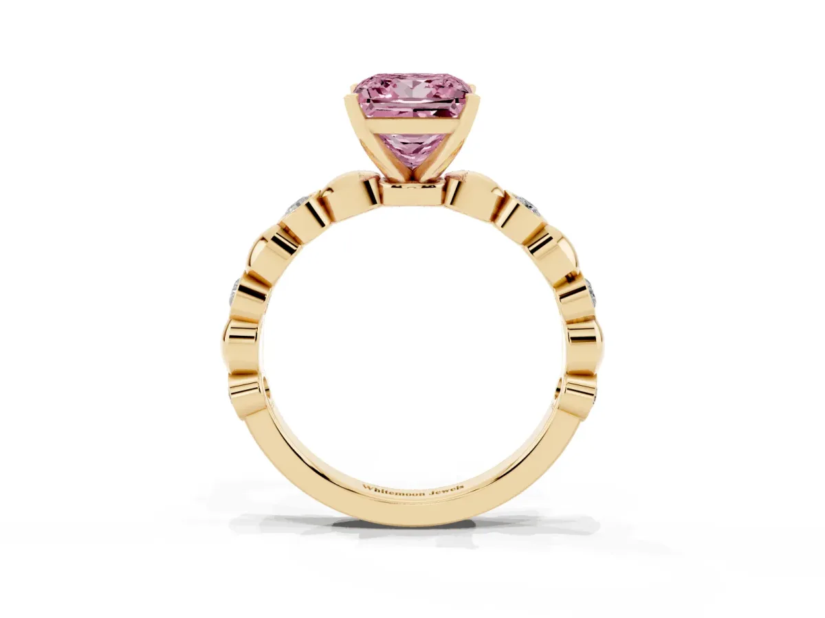 Fancy Pink Princess Cut Solitaire Bezel-Set Diamond Ring with Beaded Band and Four-Prong Setting Yellow gold