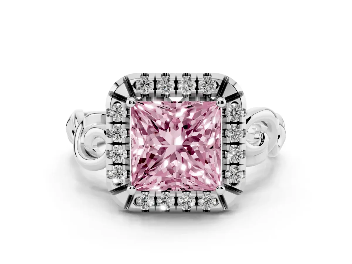 Fancy Pink Princess Cut Cut Halo Diamond Ring with Scrollwork Band and Four-Prong Setting Silver
