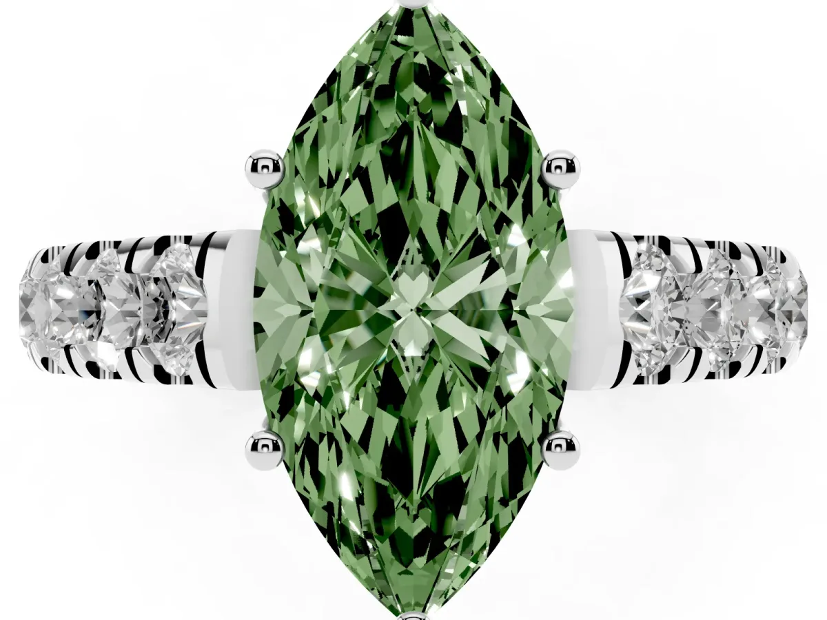 Fancy Green Marquise Cut Cut Diamond Solitaire Ring with Micro Pave Band and Prong Setting Silver