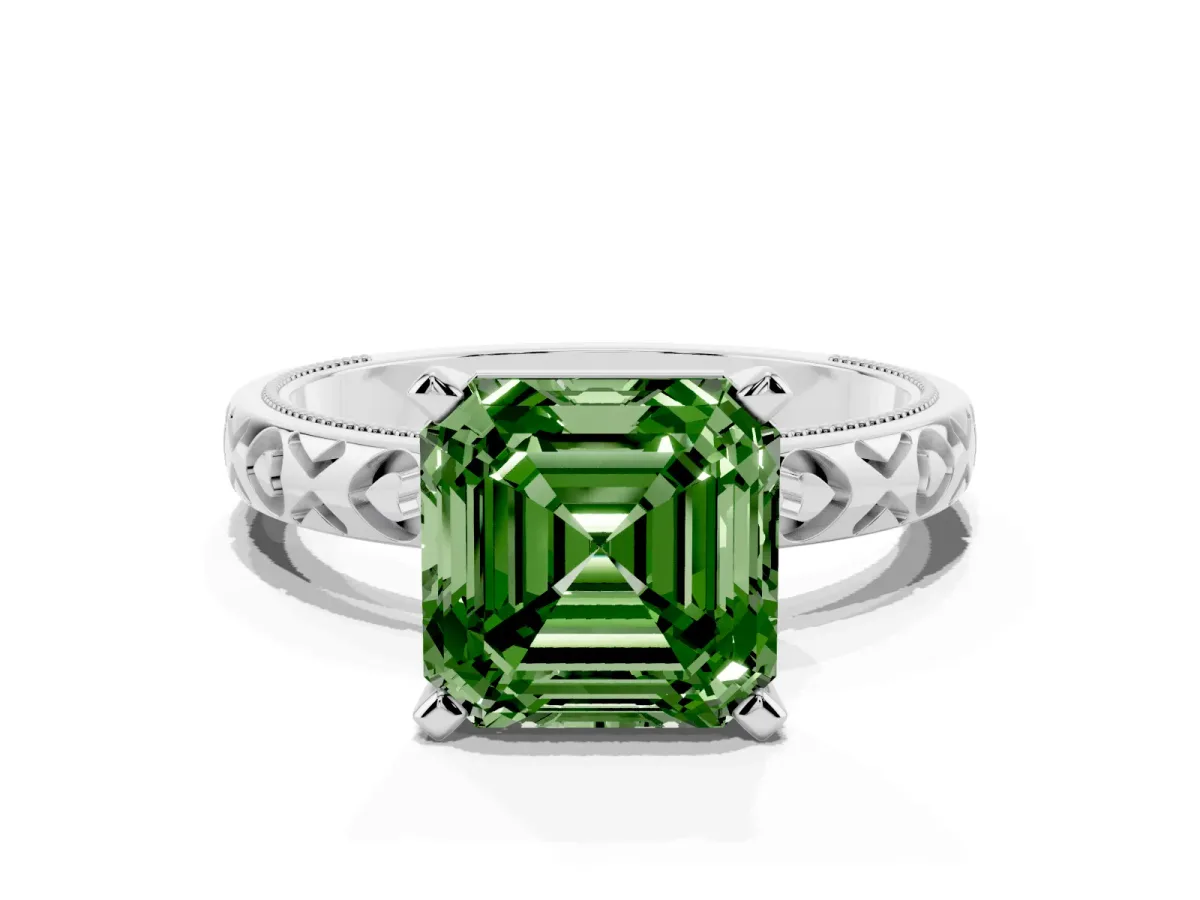 Fancy Green Asscher Cut Solitaire Diamond Engagement Ring with XO Engraved Band and Four-Prong Setting Platinum