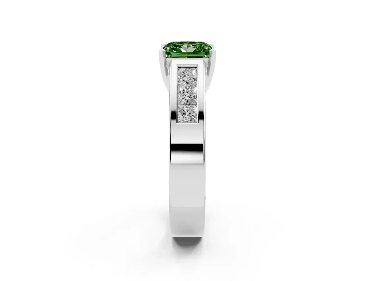 Fancy Green Princess Cut Cut Channel Set Solitaire Ring with Four-Prong Setting Platinum