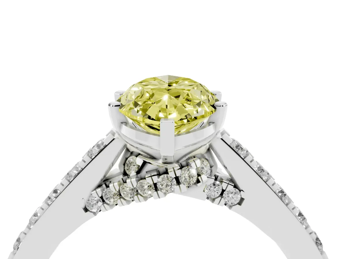 Fancy Yellow Marquise Cut Diamond Solitaire Ring with Crossover Gallery and Round Pavé Band Platinum