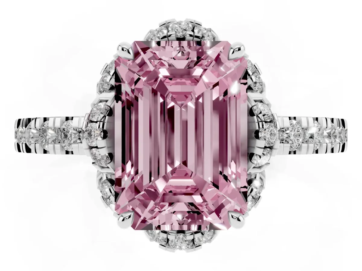 Fancy Pink Emerald Cut Halo Diamond Pave Band Ring with Four-Prong Setting Silver