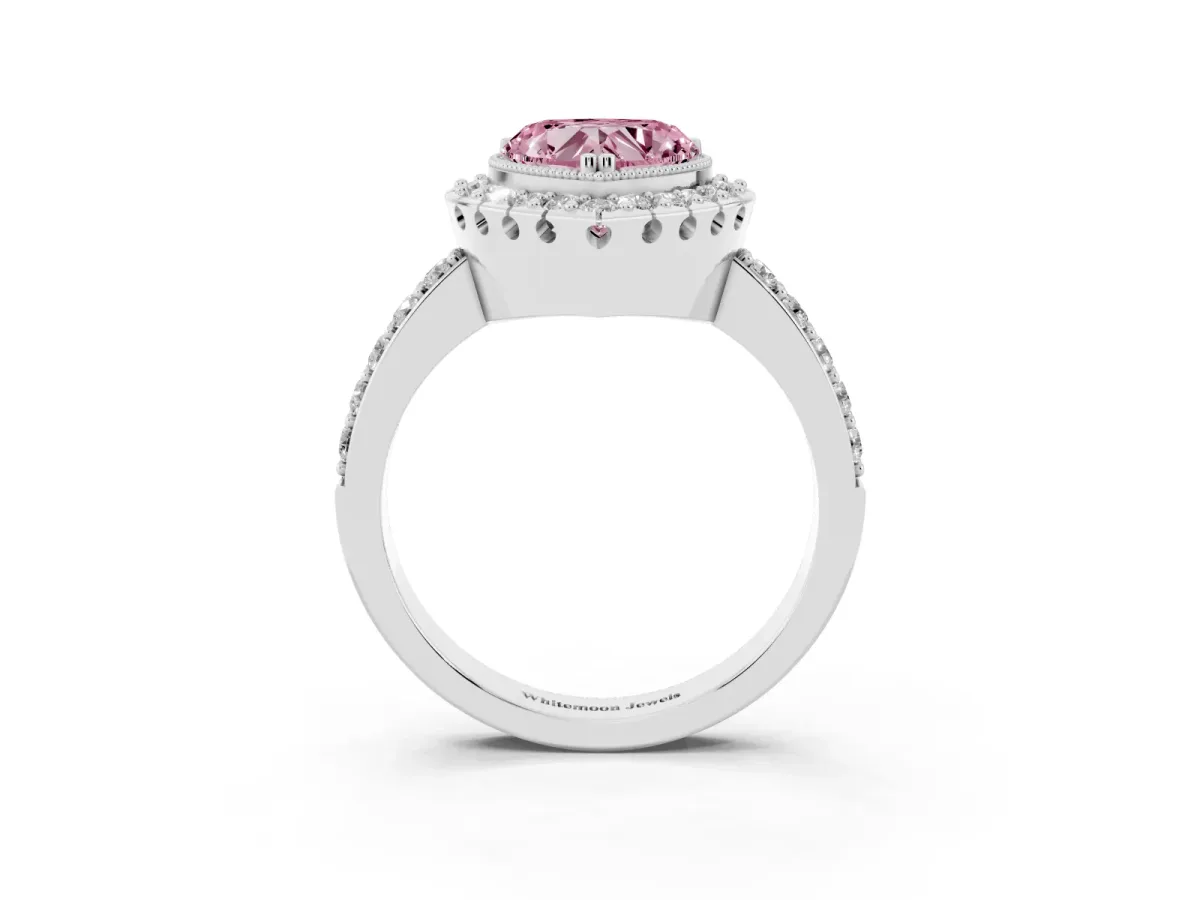 Fancy Pink Heart Cut Diamond Halo Ring with Pavé Band and Prong Setting White gold