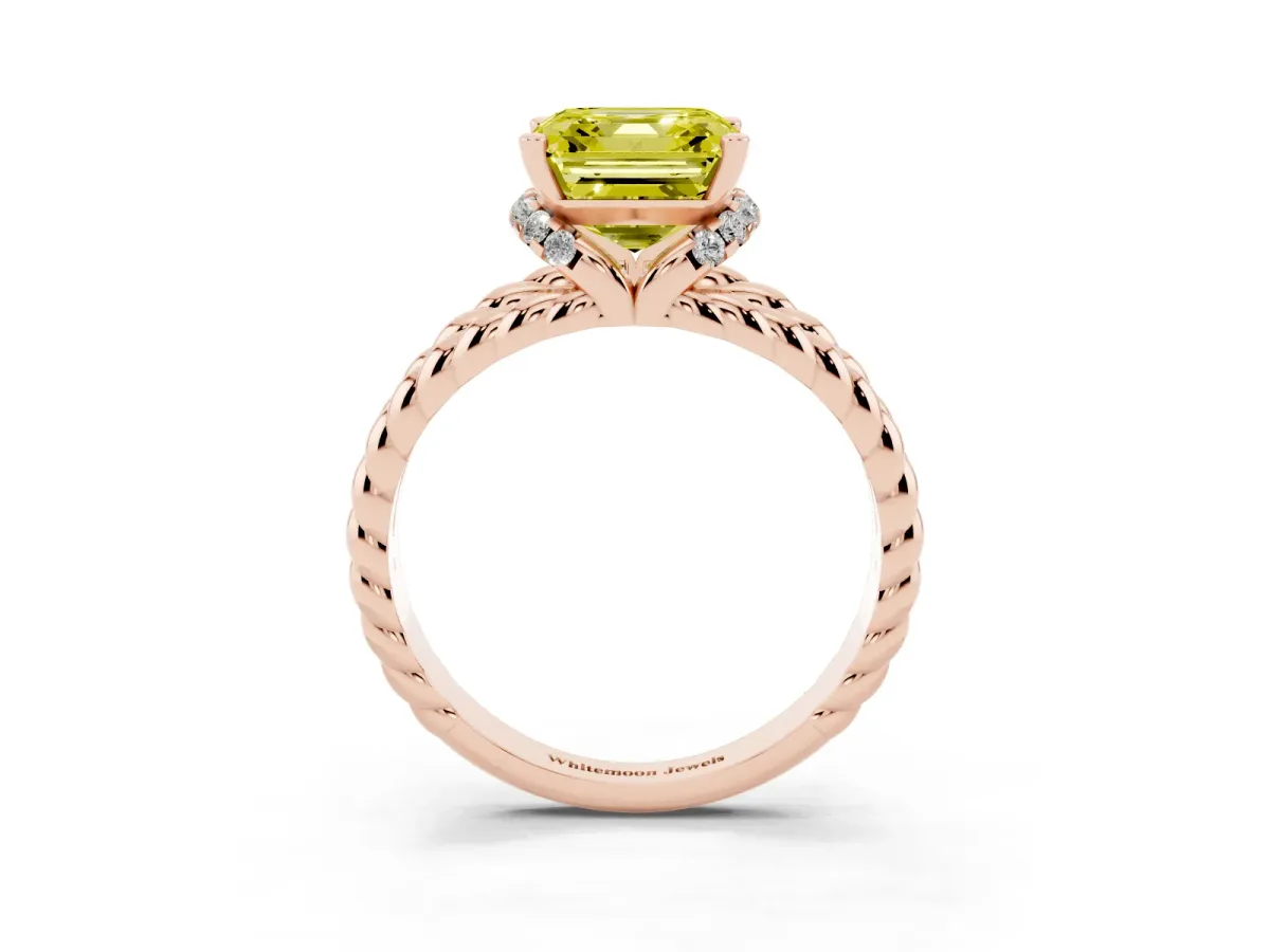 Fancy Yellow Asscher Cut Halo Twisted Band Four-Prong Ring Rose gold