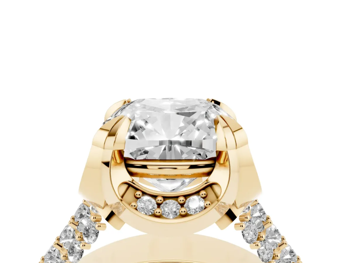 Cushion Cut Solitaire Pave Split Shank Ring with Four-Prong Setting Yellow gold