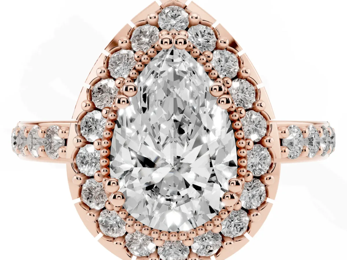 Pear Cut Diamond Halo Ring with Pavé Band and Prong Setting Rose gold