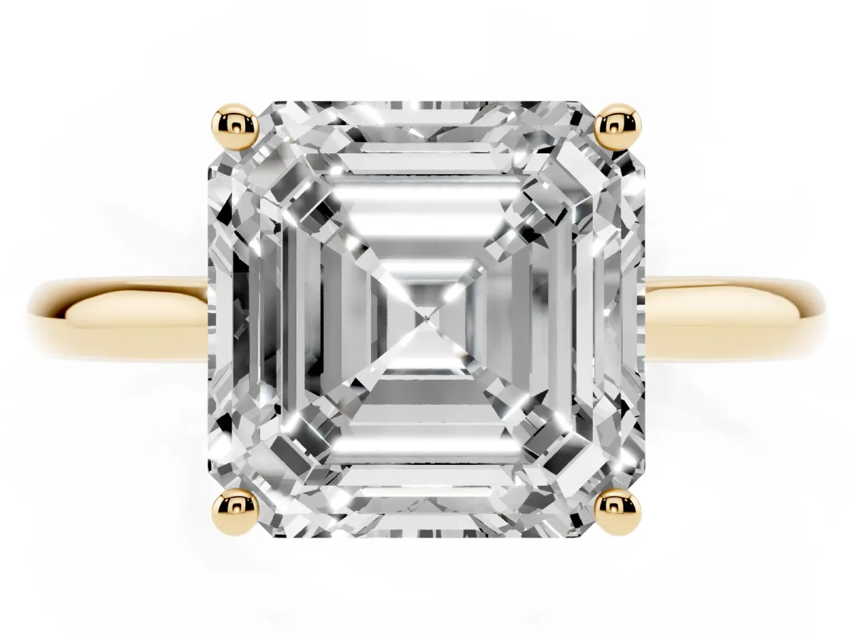 Asscher Cut Cut Solitaire Ring with Cathedral Band and Four-Prong Setting Yellow gold