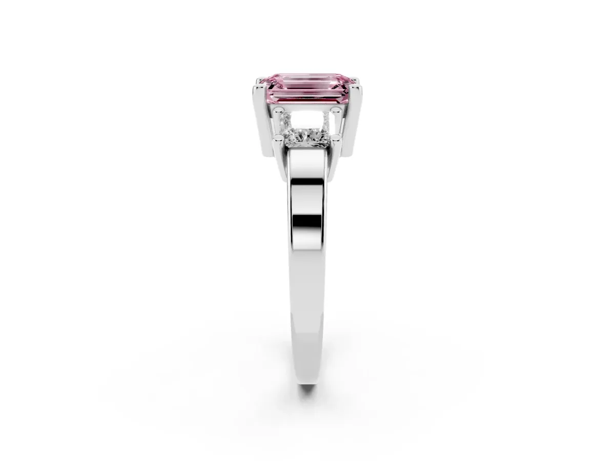 Fancy Pink Three-Stone Emerald Cut Cut Solitaire Ring with Prong Setting Silver