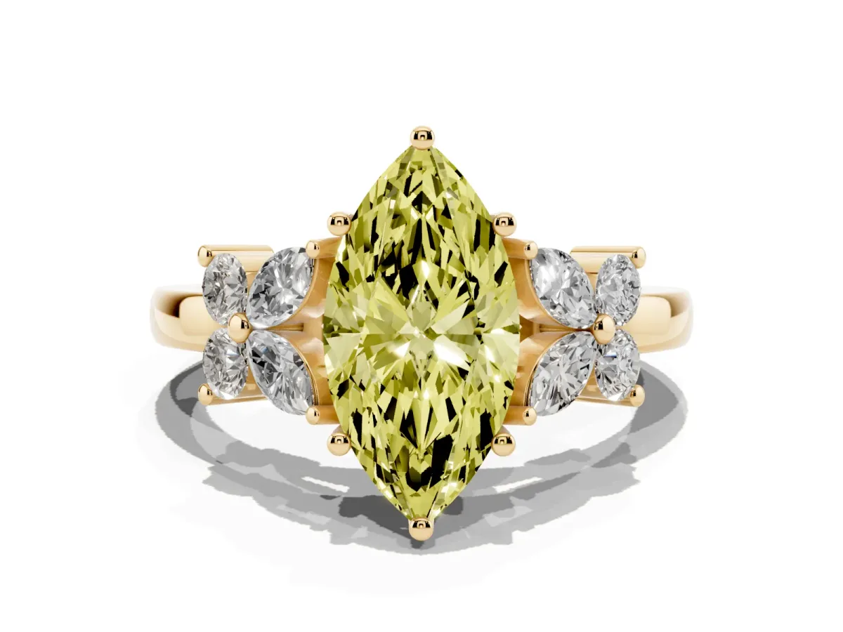Fancy Yellow Marquise Cut Diamond Floral Cluster Ring with Solitaire Band and Prong Setting Yellow gold