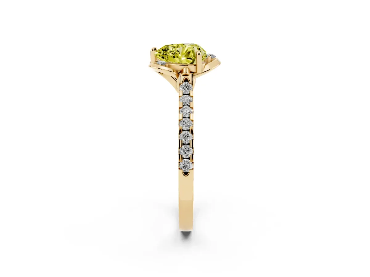 Fancy Yellow Heart Cut Diamond Ring with Pavé Band and Floral Prong Setting Yellow gold