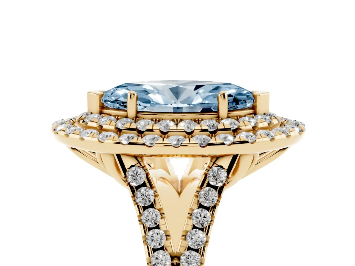 Fancy Blue Double Halo Marquise Cut Diamond Pavé Split Shank Ring with Prong Setting Yellow gold