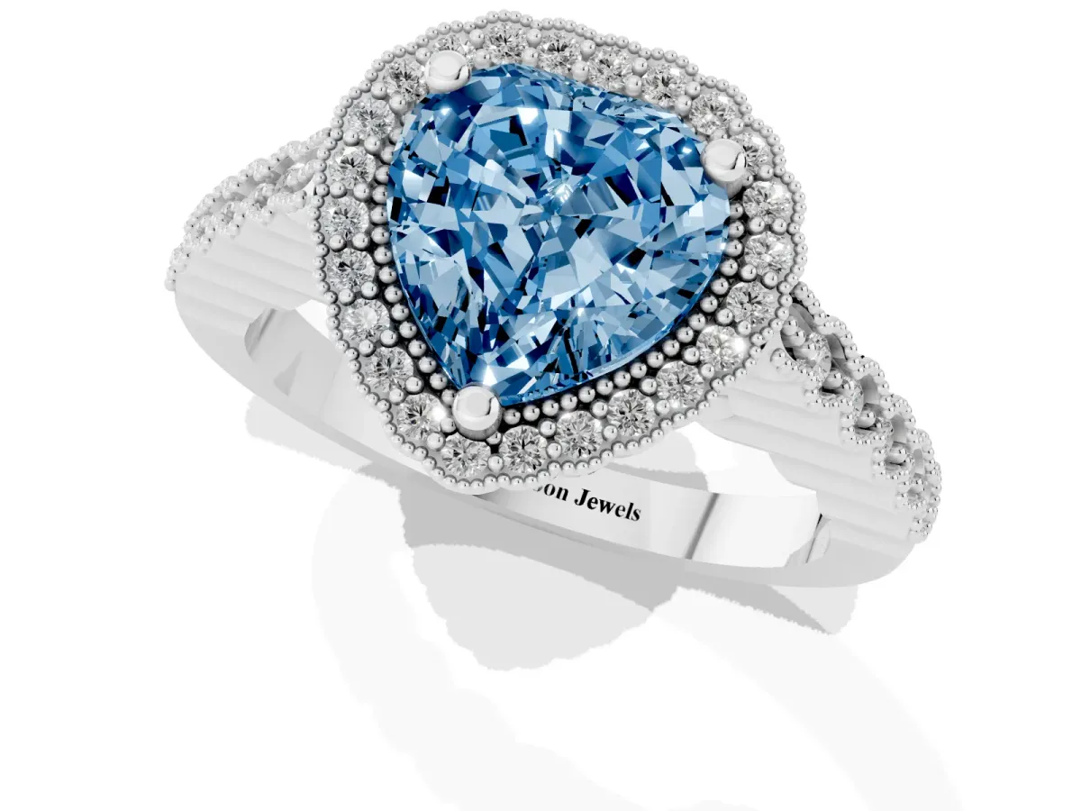 Fancy Blue Heart Cut Cut Halo Pavé Solitaire Ring with Milgrain Band Silver