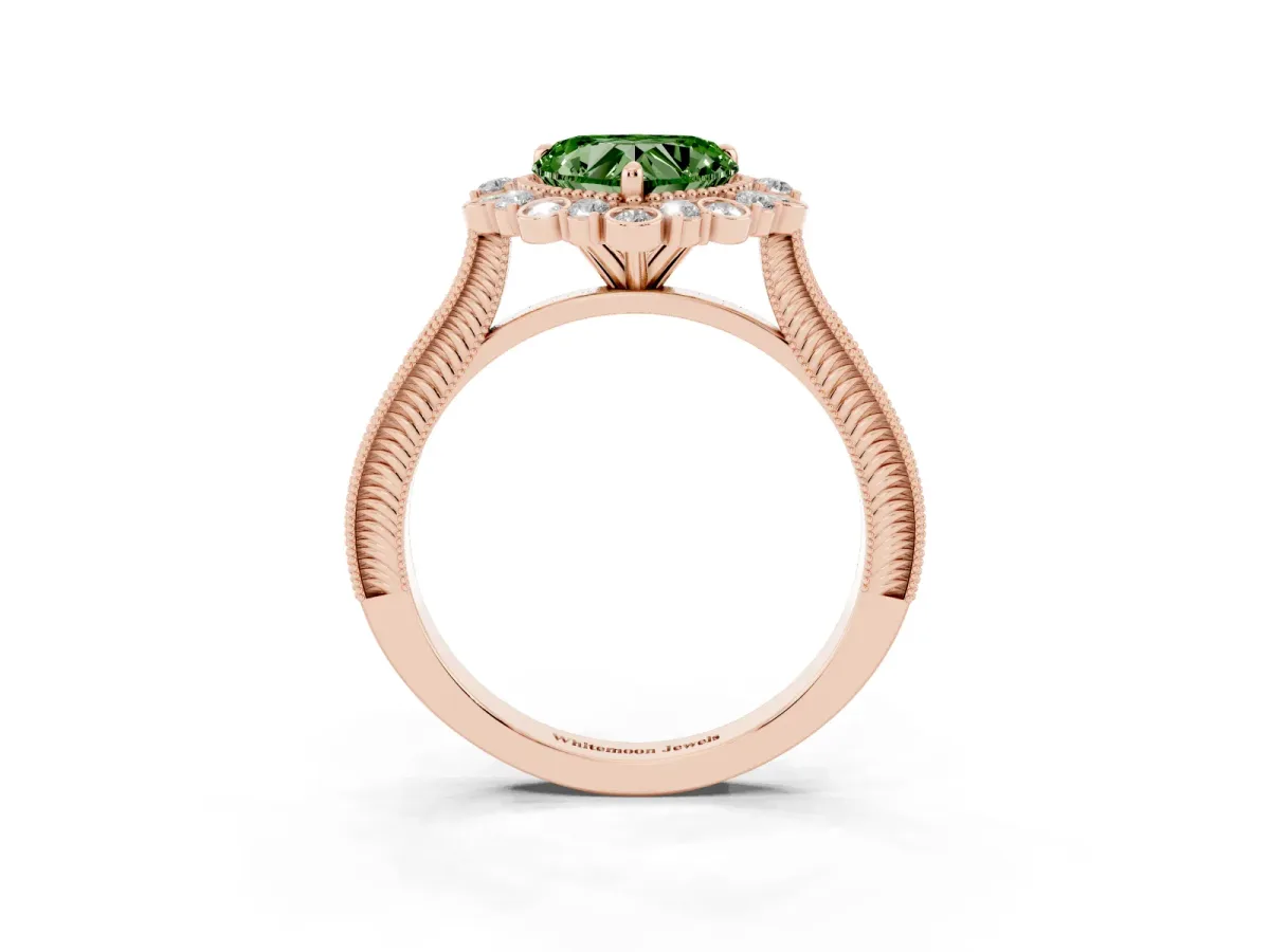Fancy Green Heart Cut Halo Milgrain Pave Diamond Ring with Four-Prong Setting Rose gold