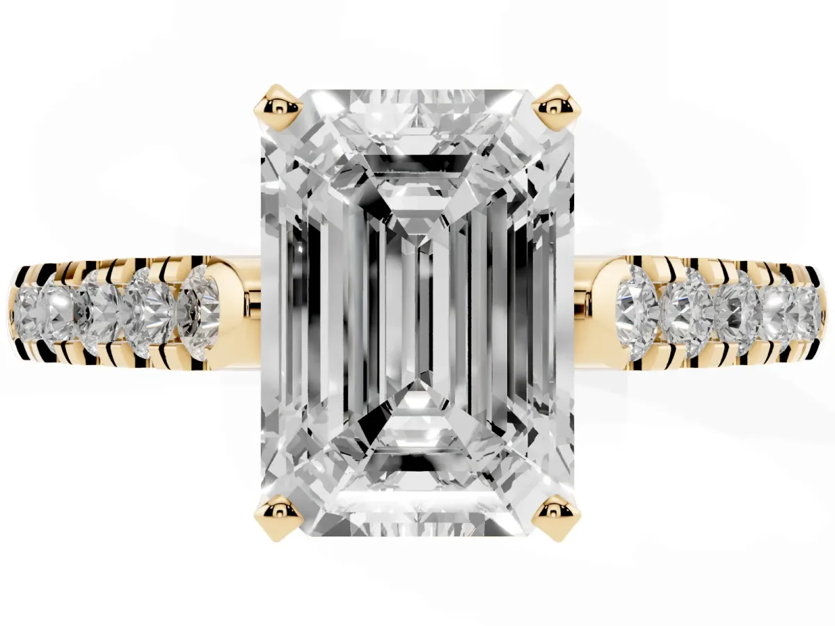 Emerald Cut Diamond Pavé Band Solitaire Ring with Prong Setting Yellow gold