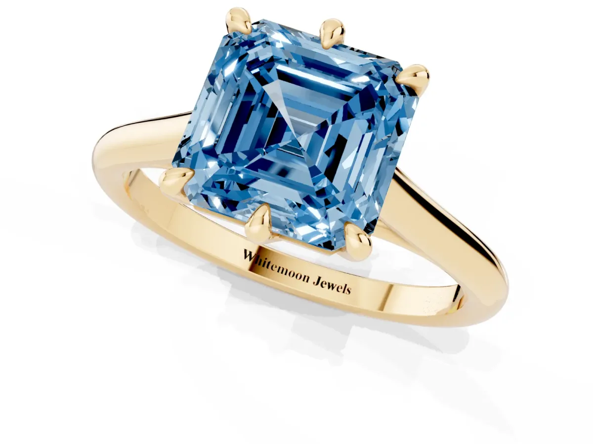 Fancy Blue Asscher Cut Solitaire Engagement Ring with Six-Prong Setting and Classic Band Yellow gold