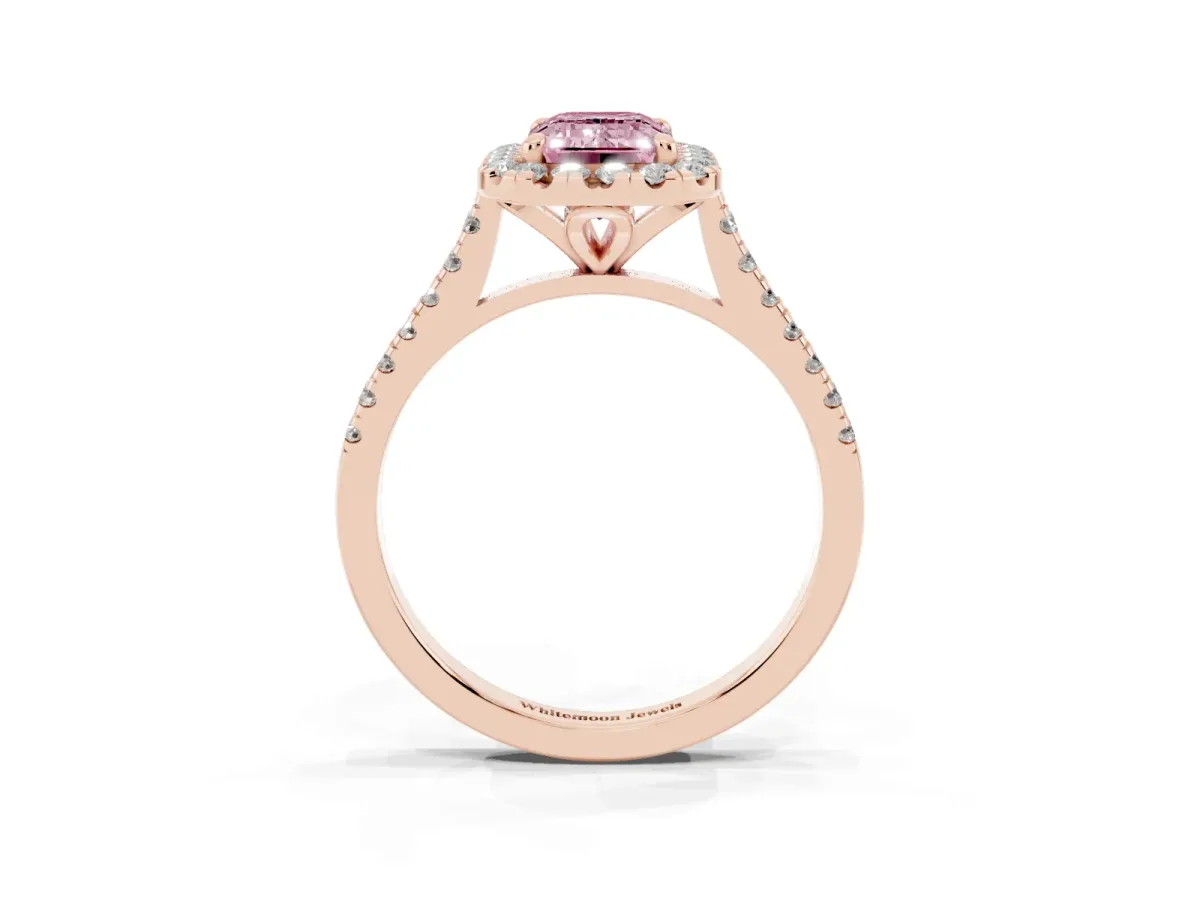 Fancy Pink Emerald Cut Diamond Cushion Halo Ring with Pavé Band Rose gold