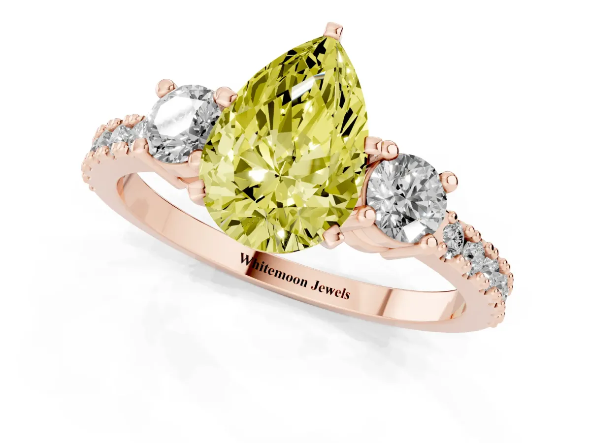 Fancy Yellow Pear Cut Three-Stone Diamond Pavé Band with Prong Setting Rose gold
