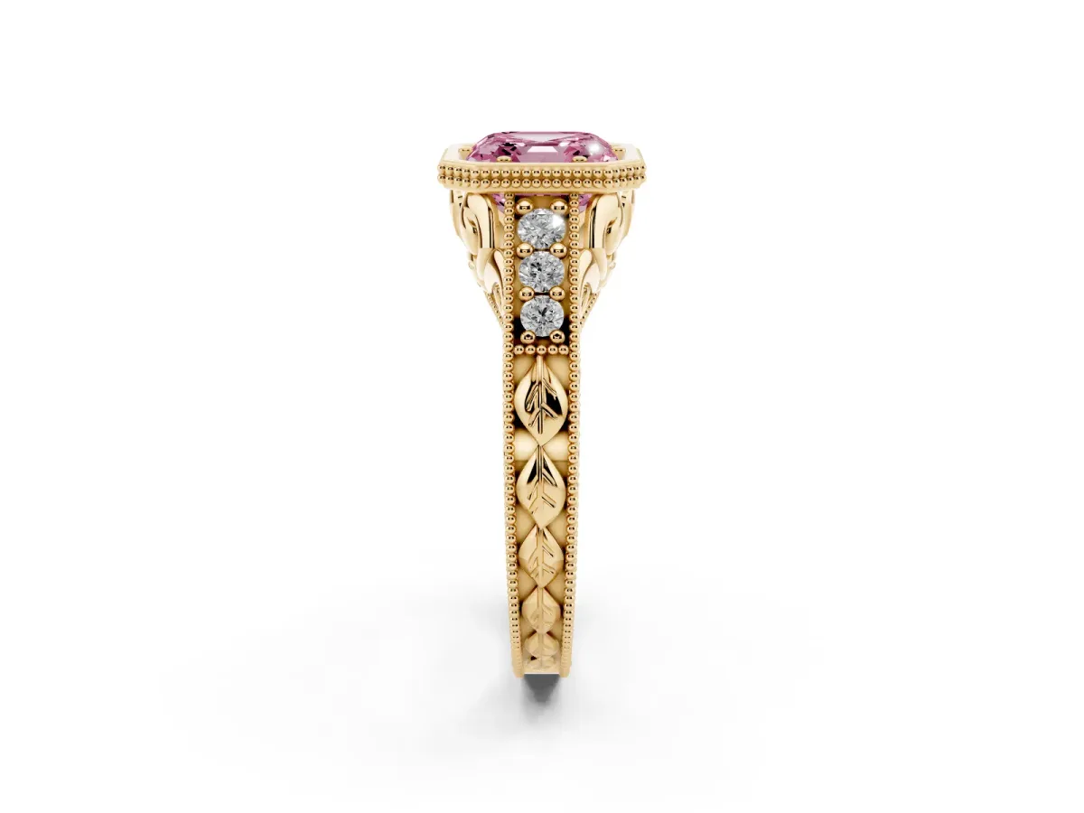 Fancy Pink Bezel Set Asscher Cut Diamond Milgrain Pave Engagement Ring Yellow gold