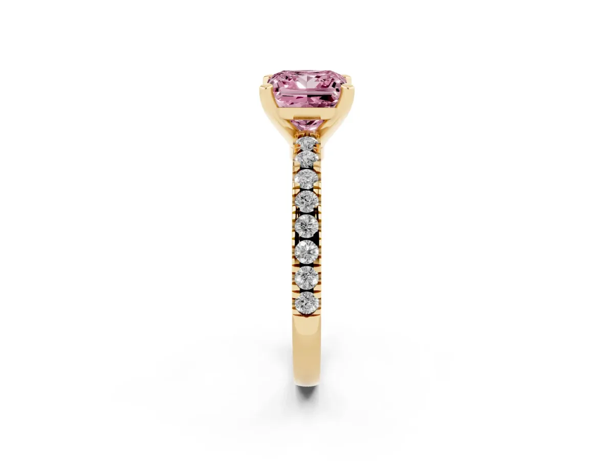 Fancy Pink Princess Cut Solitaire Diamond with Pavé Band and Four-Prong Setting Yellow gold
