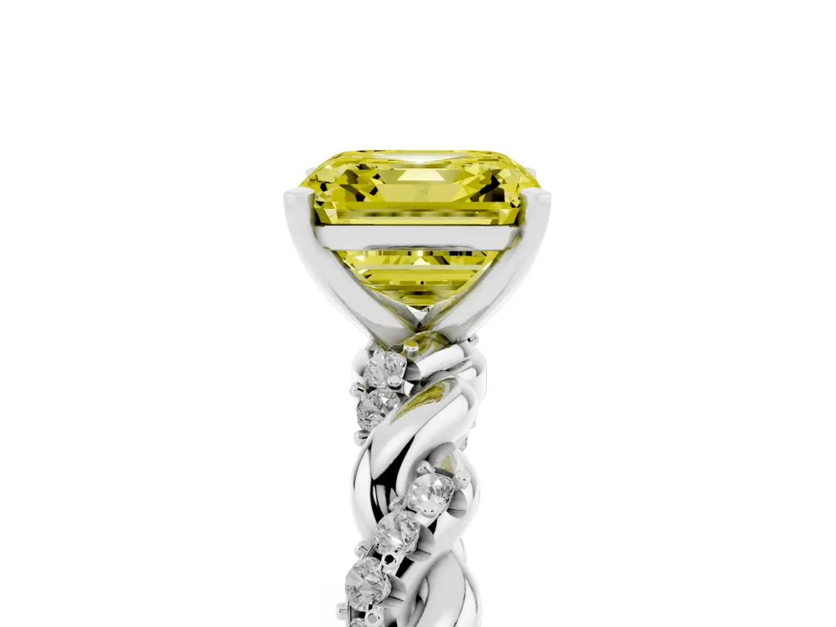 Fancy Yellow Asscher Cut Diamond Solitaire Ring with Twisted Band and Pavé Accents Platinum