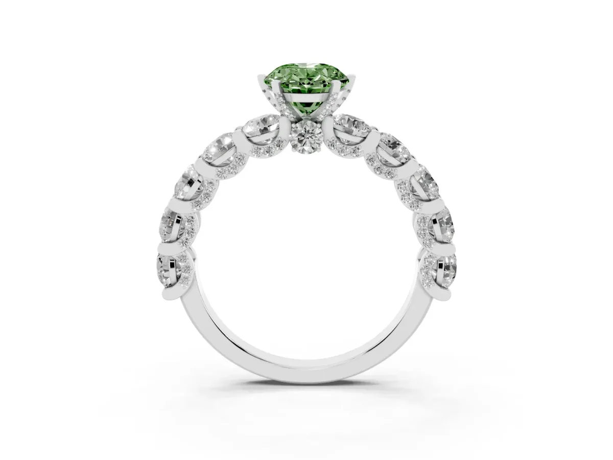 Fancy Green Oval Cut Diamond Side Stone Engagement Ring with Four-Prong Setting Silver