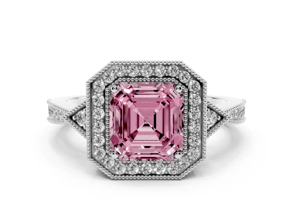 Fancy Pink Asscher Cut Halo Round Diamond Milgrain Pave Engagement Ring Platinum