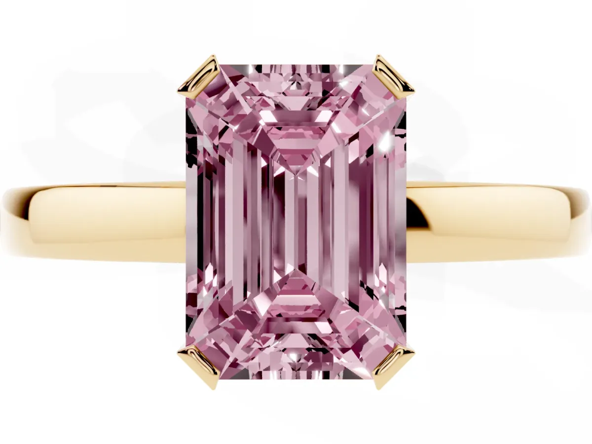 Fancy Pink Emerald Cut Cut Solitaire Ring with Four-Prong Setting and Classic Band Yellow gold