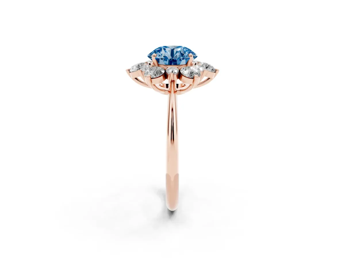 Fancy Blue Round Cut Diamond Cluster Halo Ring with Solitaire Band and Four-Prong Setting Rose gold