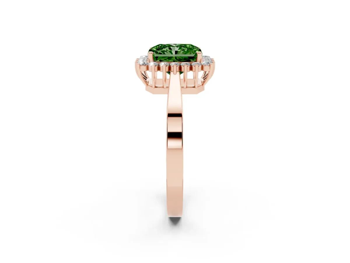 Fancy Green Radiant Cut Cut Diamond Halo Ring with Round Brilliant Halo and Solitaire Band Rose gold