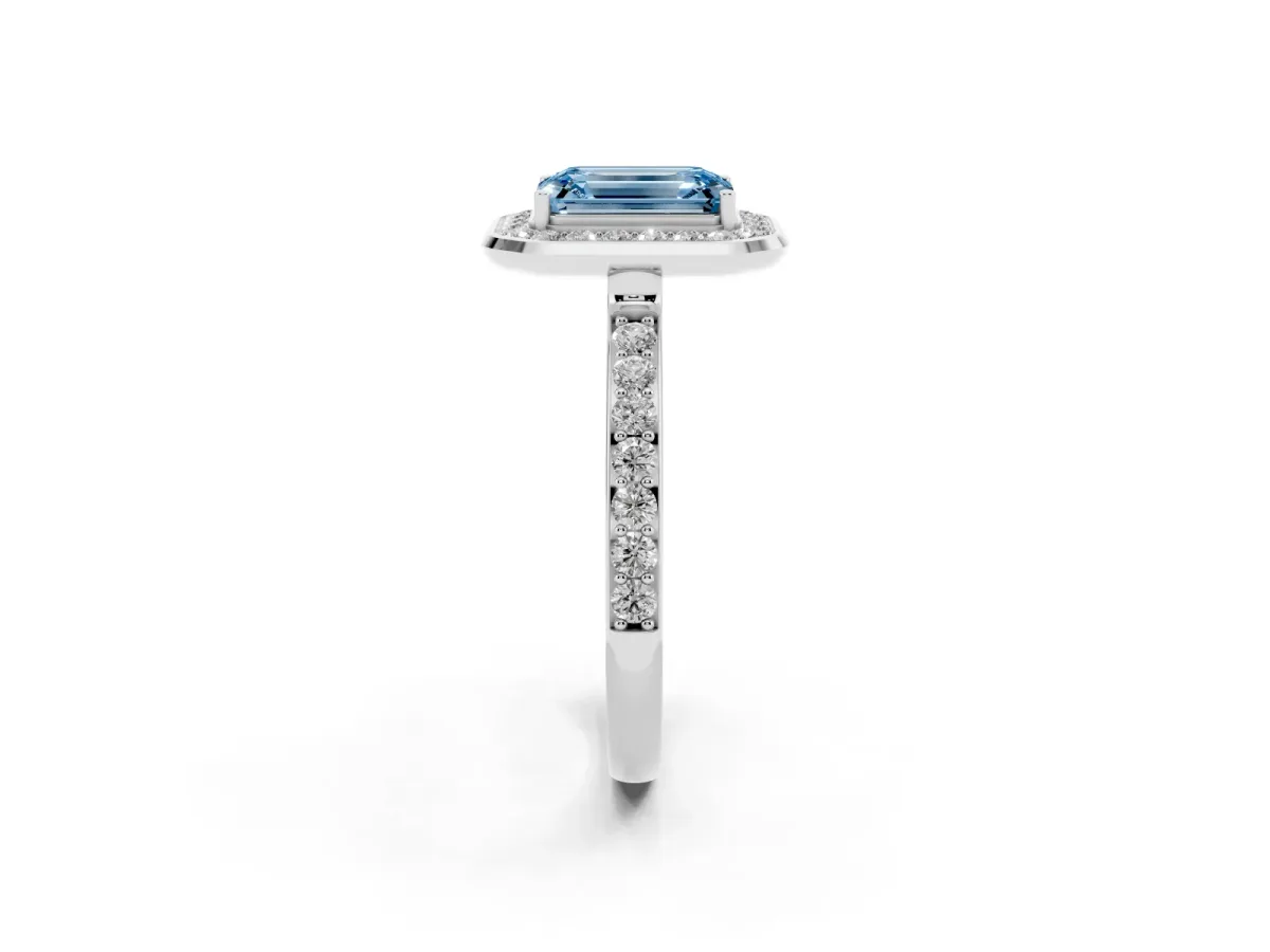 Fancy Blue Emerald Cut Diamond Halo Ring with Bezel Frame and Pavé Band Silver