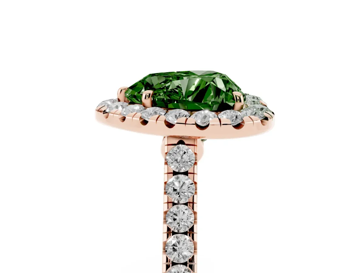 Fancy Green Heart Cut Halo Pave Diamond Engagement Ring with Four-Prong Setting Rose gold