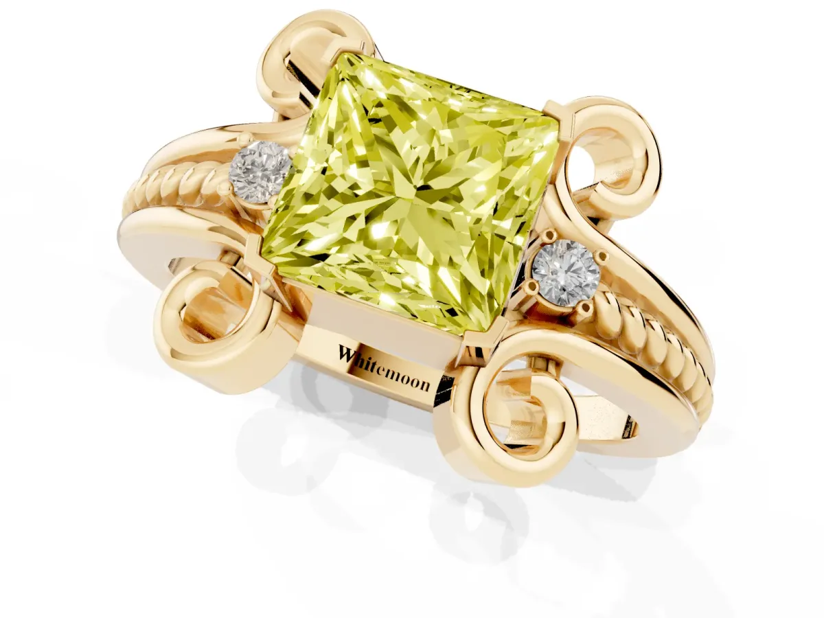 Fancy Yellow Princess Cut Solitaire Twisted Band Scroll Prong Ring Yellow gold
