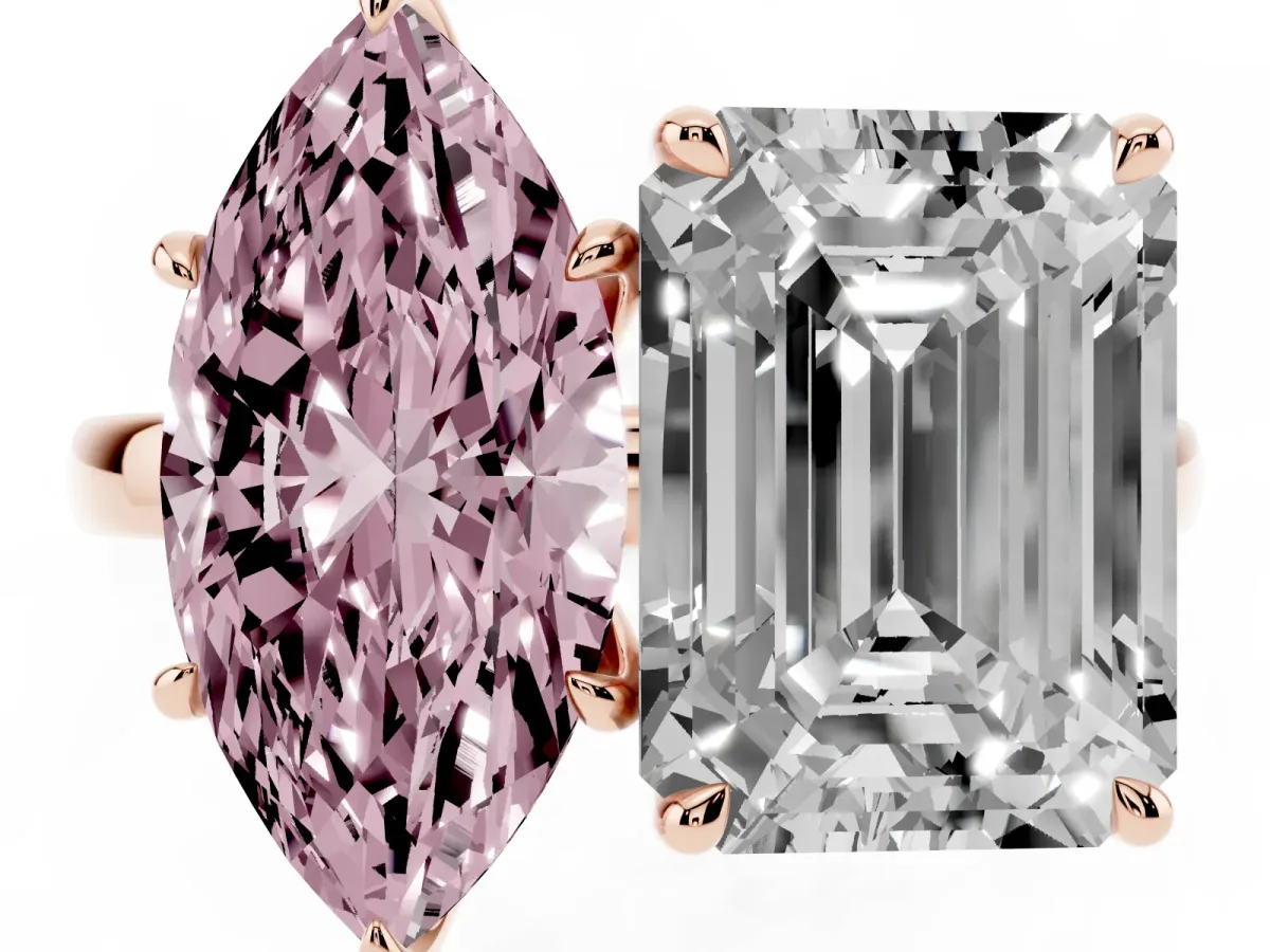 Fancy Pink Marquise Cut and Emerald Cut Toi Moi Ring with Prong Setting Rose gold