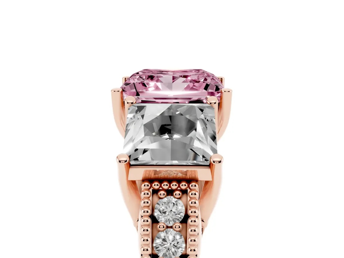 Fancy Pink Three-Stone Princess Cut Cut Milgrain Pavé Engagement Ring Rose gold