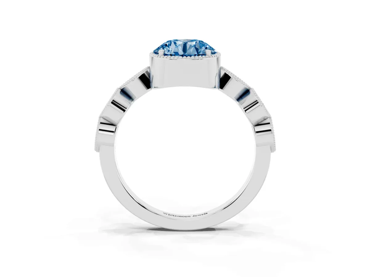 Fancy Blue Round Cut Diamond Vintage Milgrain Ring with Round Stations Silver
