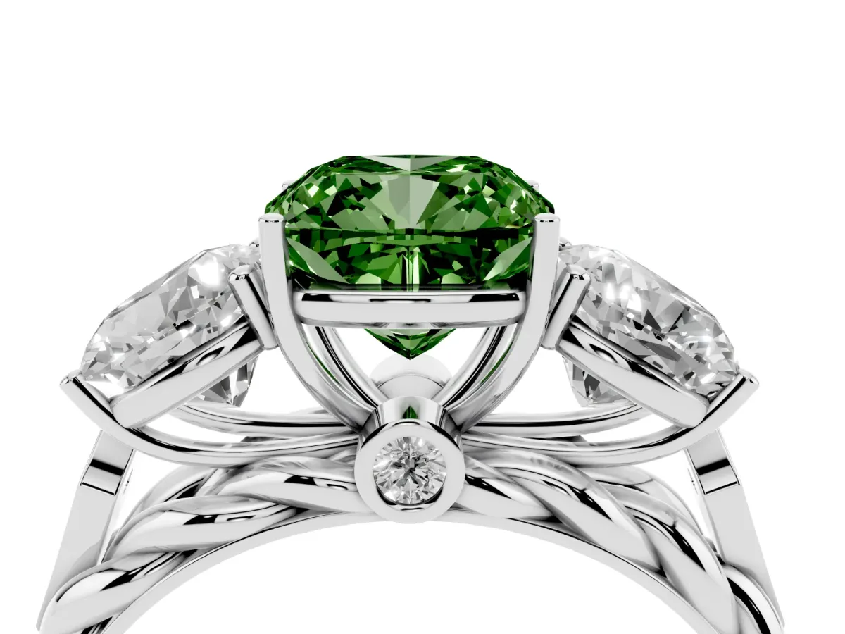 Fancy Green Three-Stone Cushion Cut Diamond Braided Band Ring with Four-Prong Setting Silver