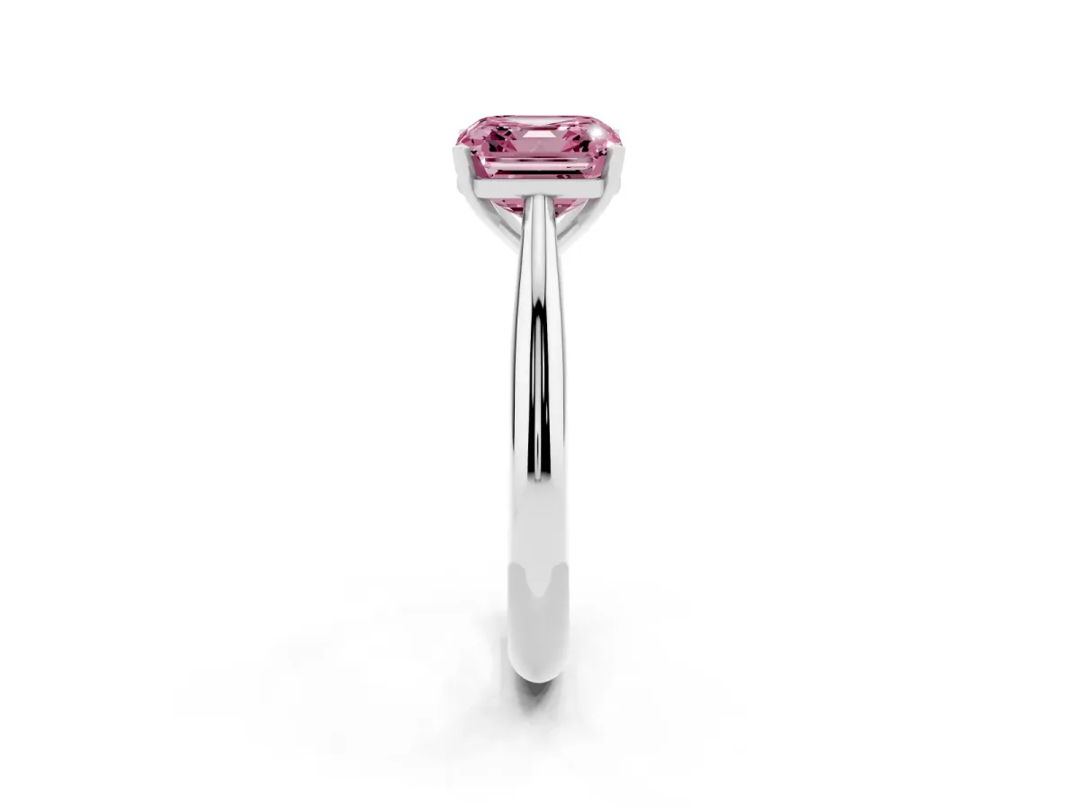 Fancy Pink Asscher Cut Diamond Solitaire Engagement Ring with Cathedral Setting and Four-Prong Mount Silver